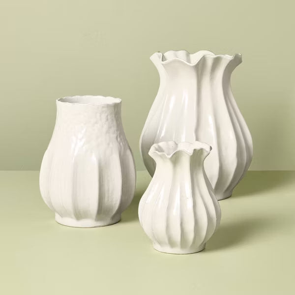 Pleated Ceramic Vase Sour Cream (23cm Medium)