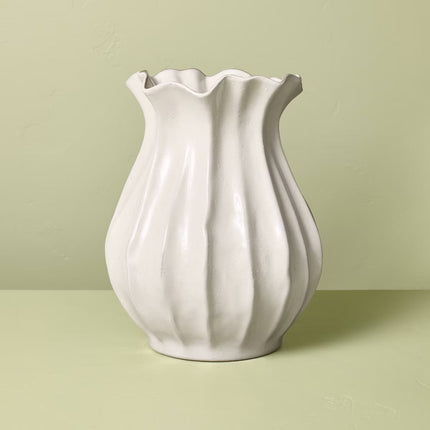 Pleated Ceramic Vase Sour Cream (40cm Large)