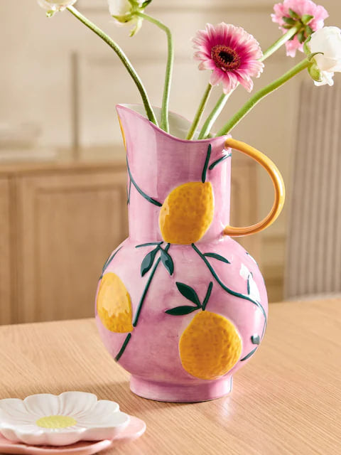 Pink/Yellow Handpaint Lemons Ceramic Jug Vase