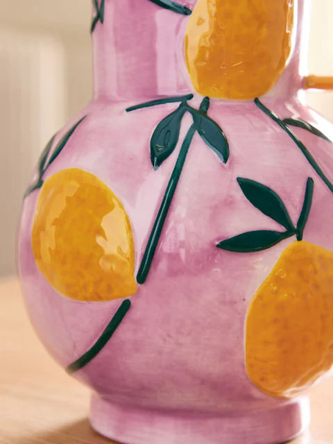 Pink/Yellow Handpaint Lemons Ceramic Jug Vase