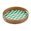 Emerald Check Enamel & Rattan Round Serving Tray 40cm