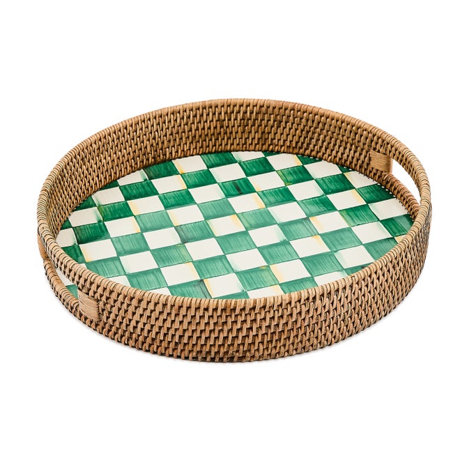 Emerald Check Enamel & Rattan Round Serving Tray 40cm