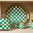 Emerald Check Enamel & Rattan Round Serving Tray 40cm