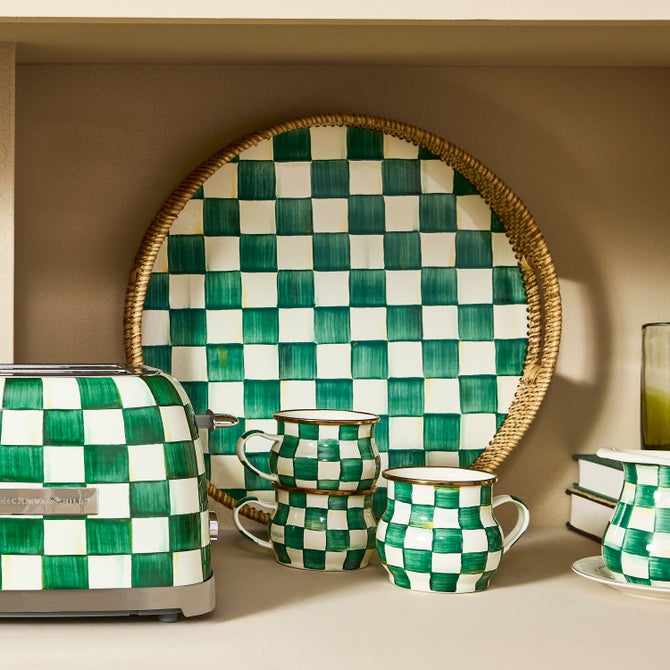 Emerald Check Enamel & Rattan Round Serving Tray 40cm