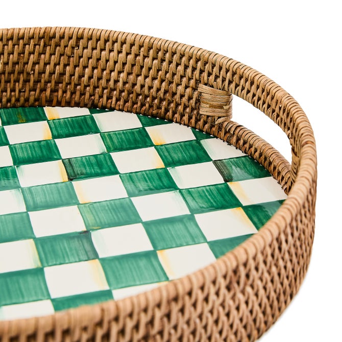 Emerald Check Enamel & Rattan Round Serving Tray 40cm