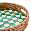 Emerald Check Enamel & Rattan Round Serving Tray 40cm