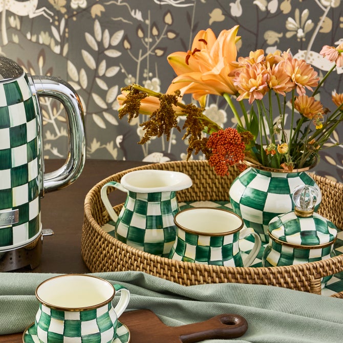 Emerald Check Enamel & Rattan Round Serving Tray 40cm